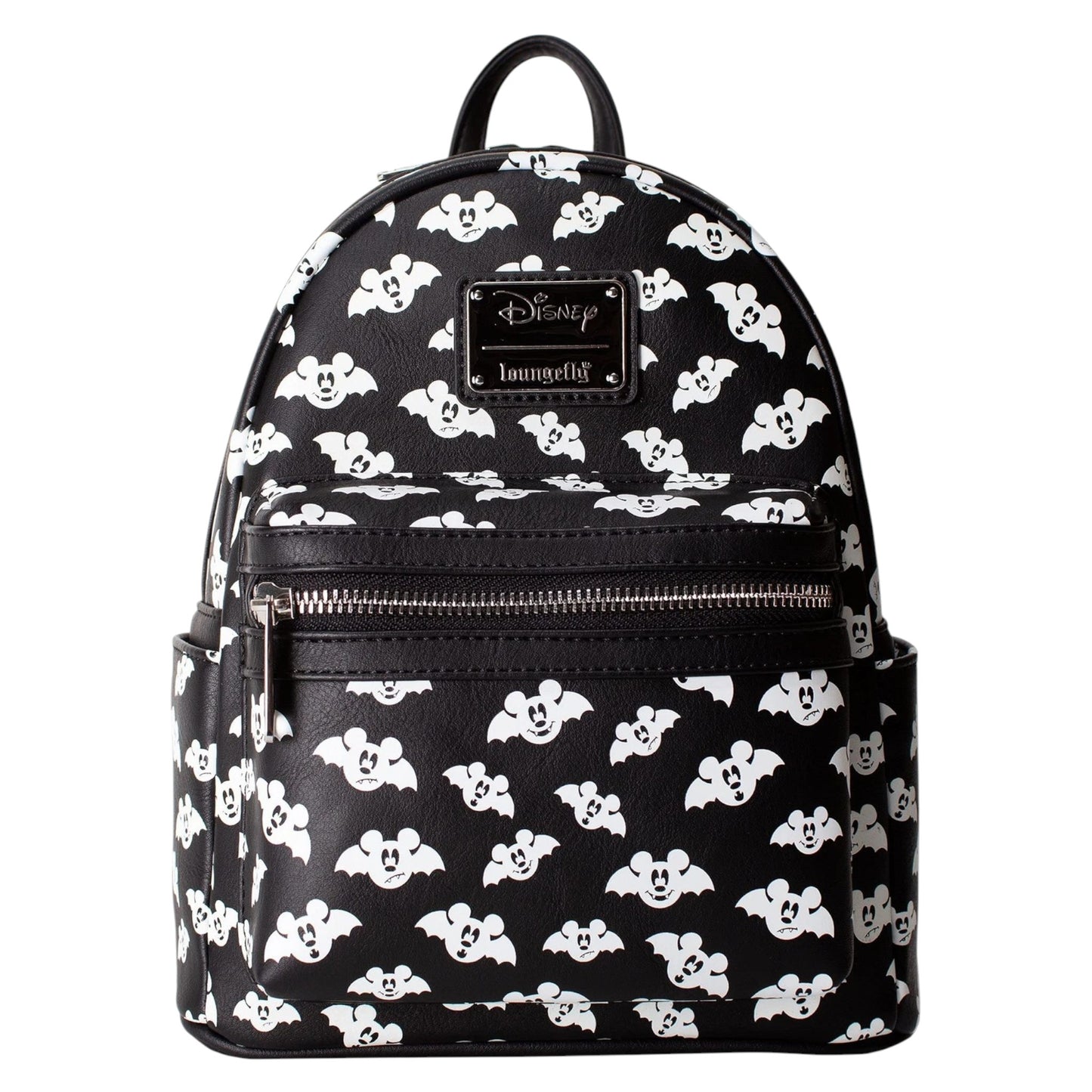 Black Totally Batty Mickey Mouse Bat backpack with mickey mouse head pattern on a white background