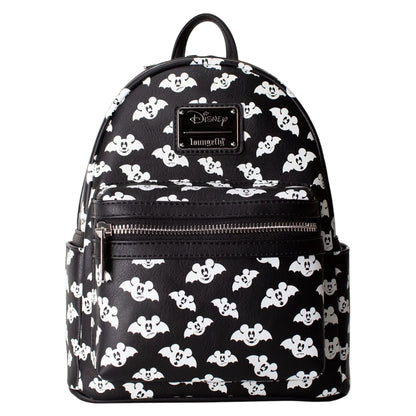 Black Totally Batty Mickey Mouse Bat backpack with mickey mouse head pattern on a white background