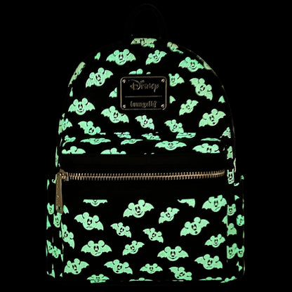 Glowing Totally Batty Mickey Mouse Bat backpack with mickey mouse character pattern on a black background