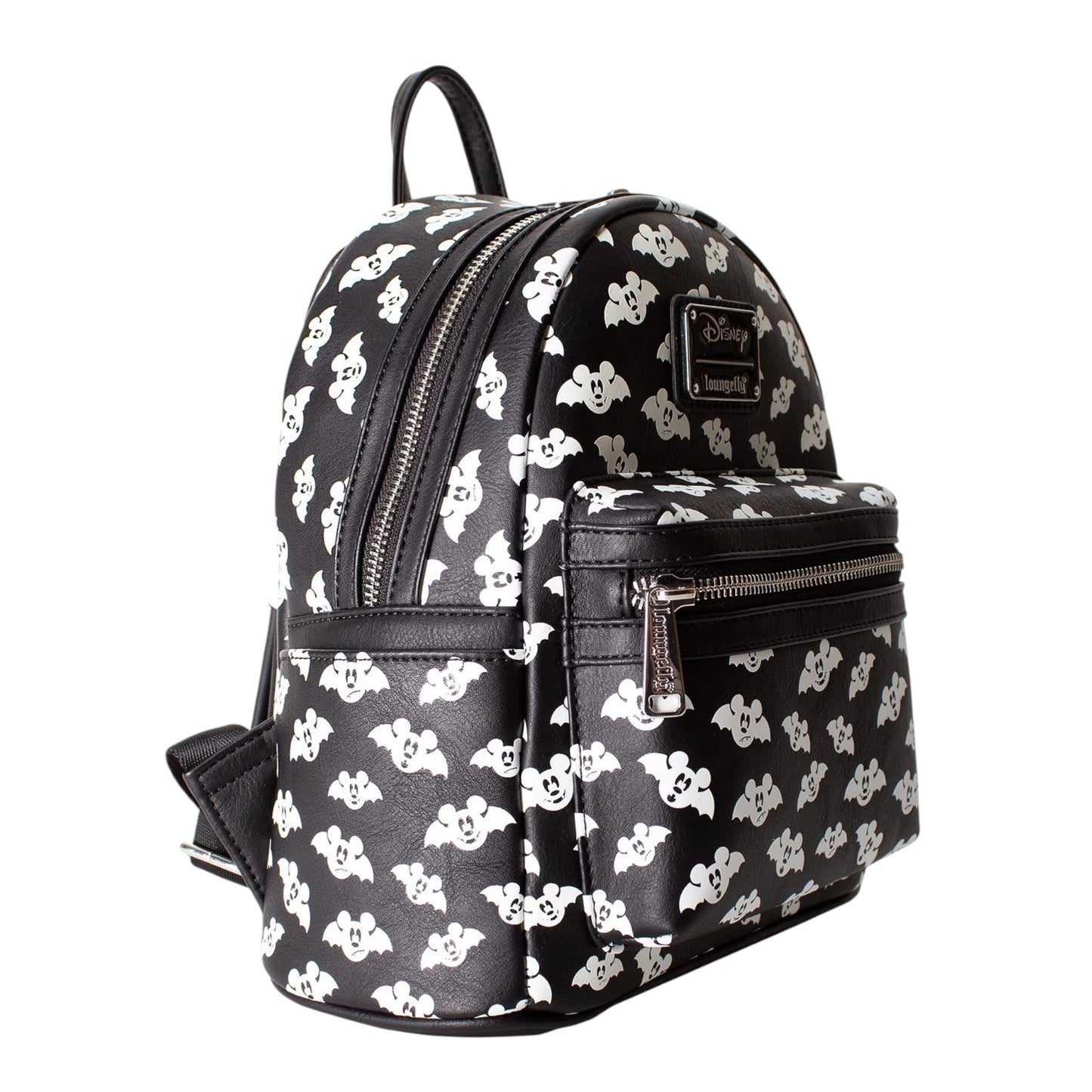 Black Totally Batty Mickey Mouse Bat backpack with white mickey mouse bat head  pattern on a white background