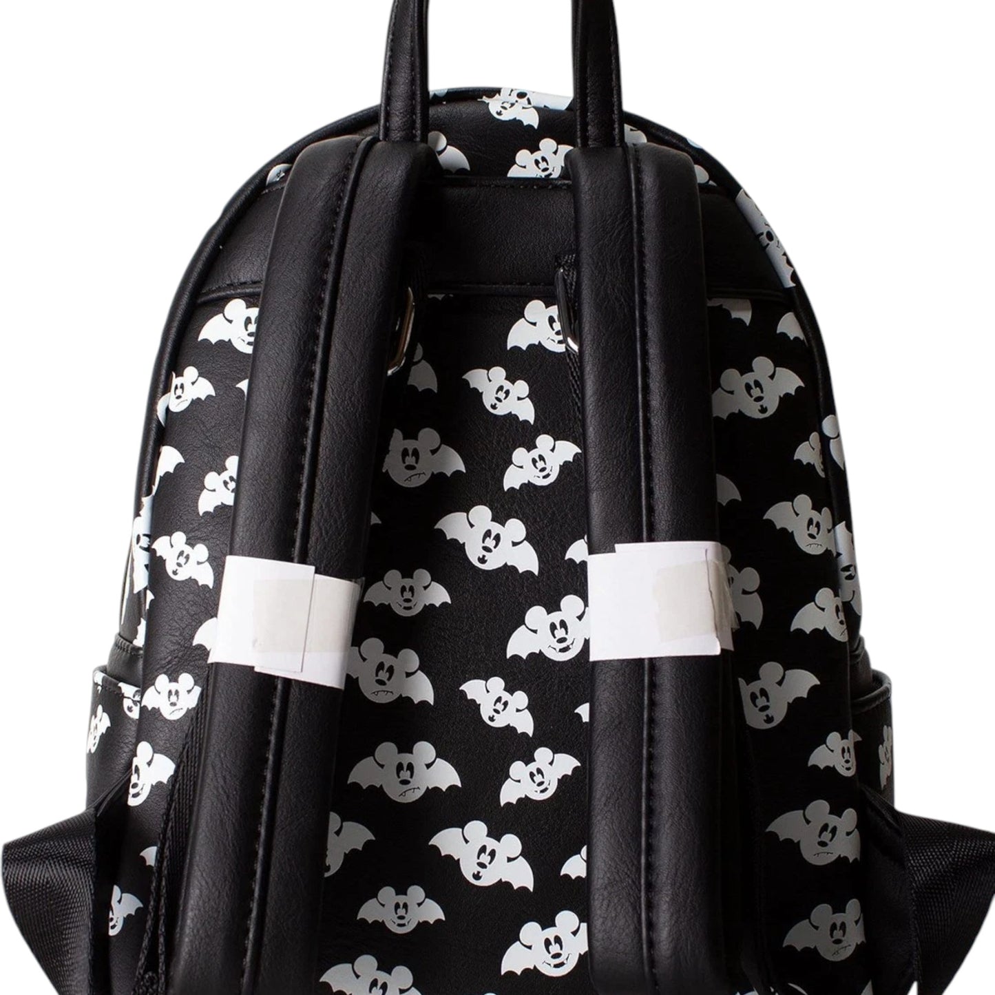 Black Totally Batty Mickey Mouse Bat backpack with white mickey mouse bat head pattern on a white background