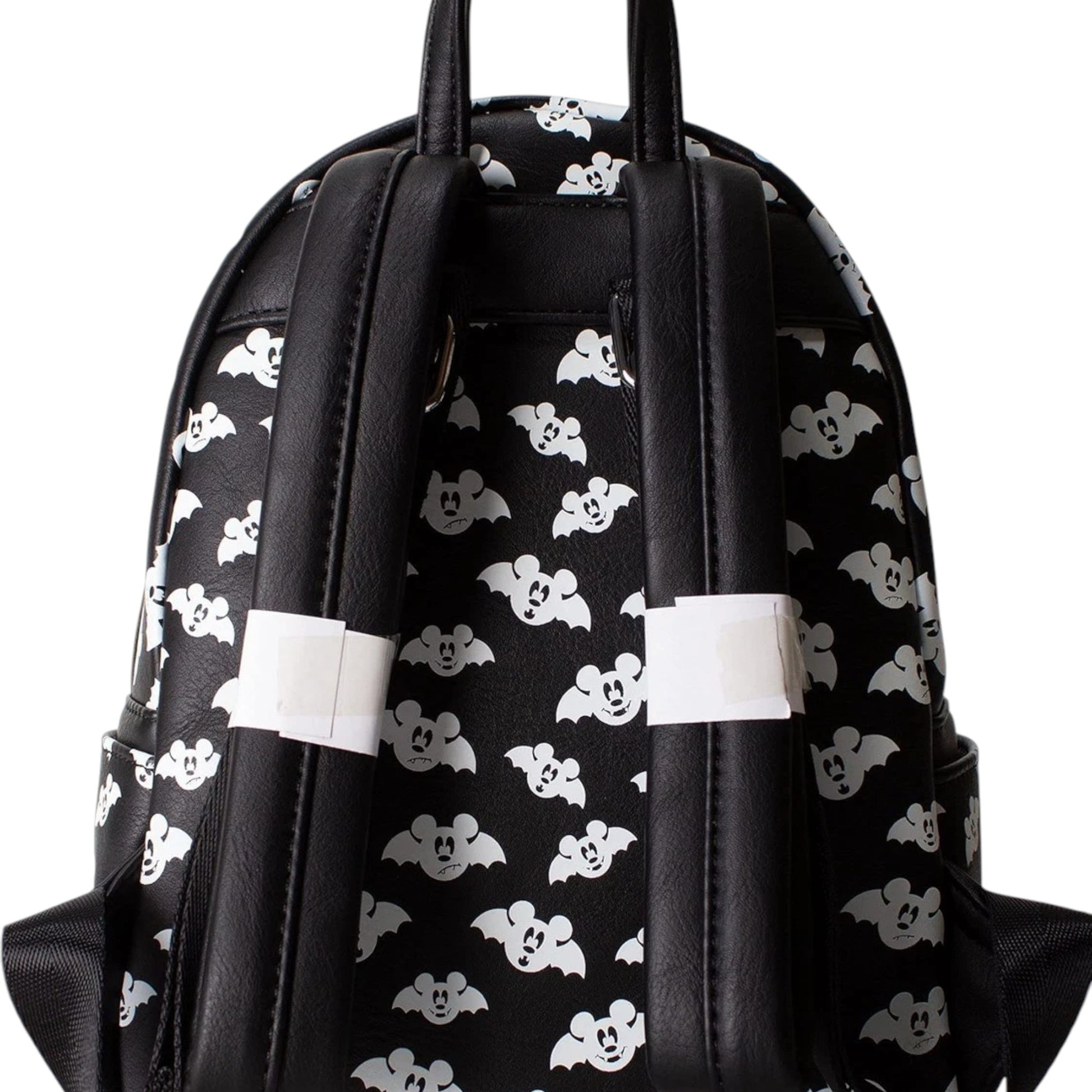 Black Totally Batty Mickey Mouse Bat backpack with white mickey mouse bat head pattern on a white background