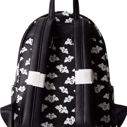 Black Totally Batty Mickey Mouse Bat backpack with white mickey mouse bat head pattern on a white background