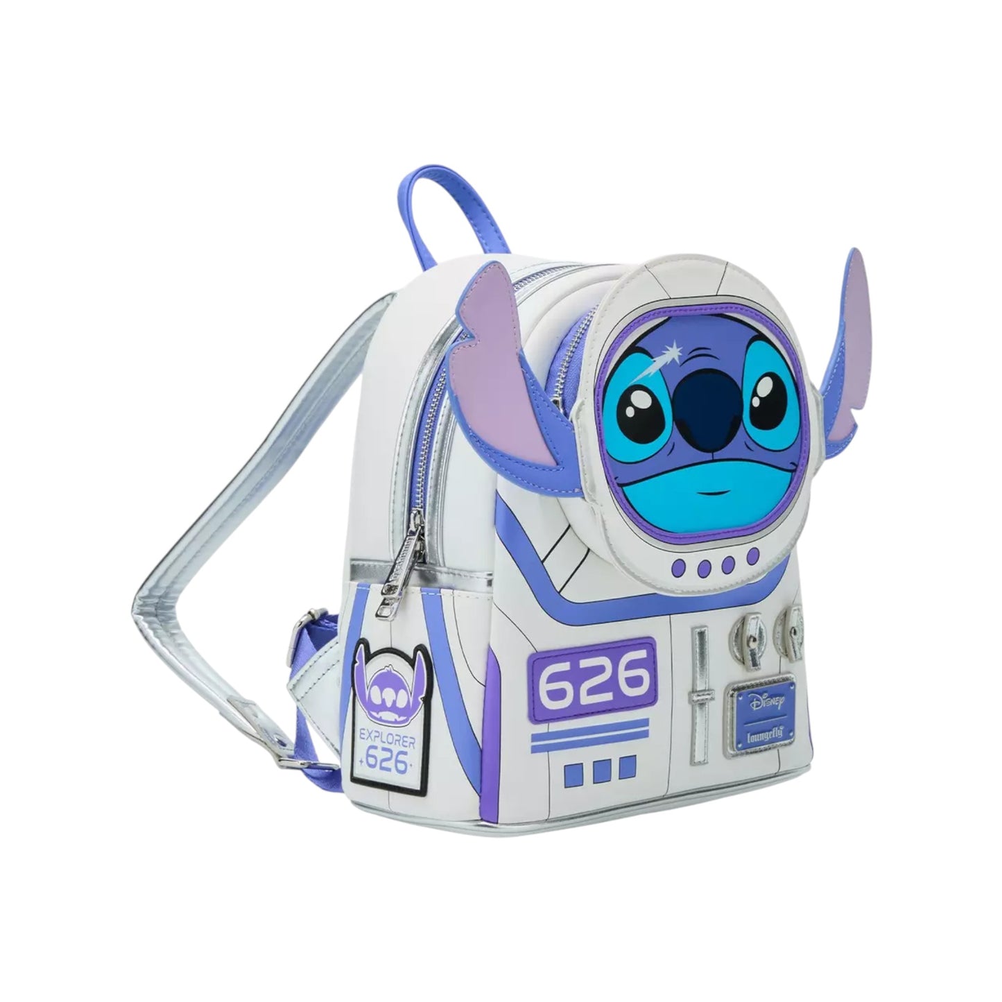 Backpack designed with Astronaut Stitch  character with a white and blue color scheme on a white background