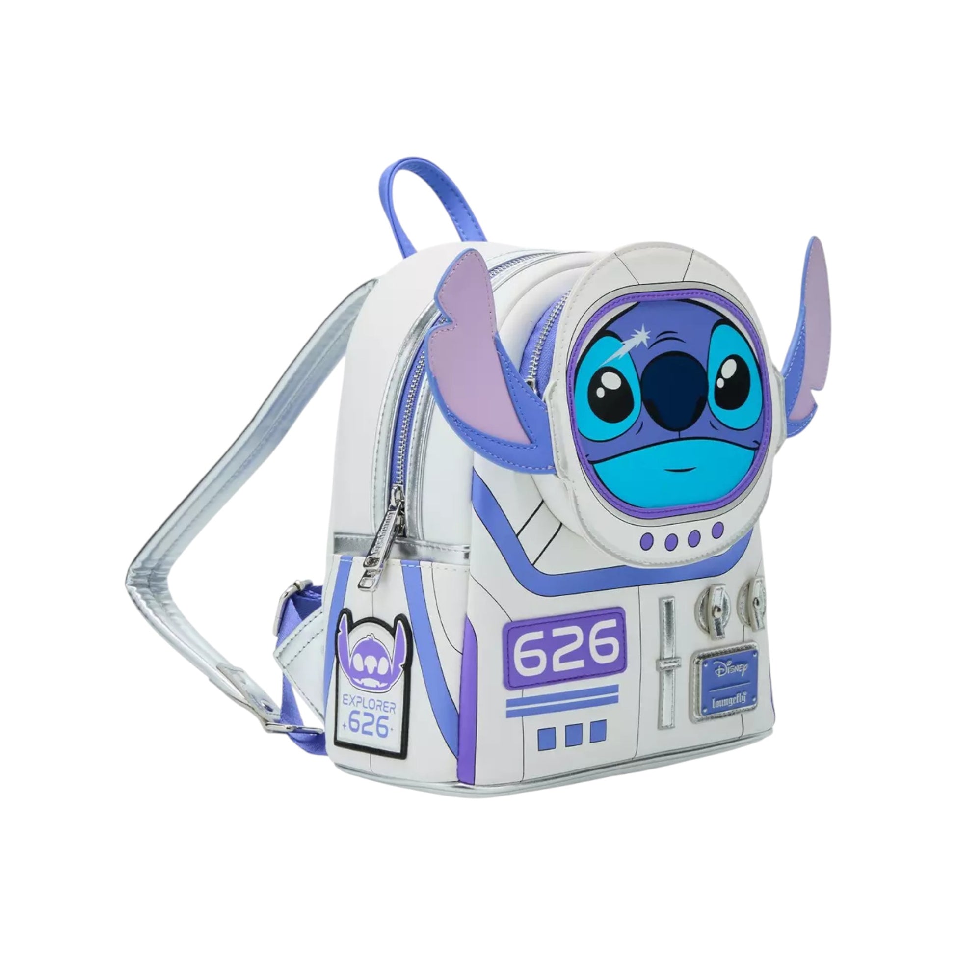 Backpack designed with Astronaut Stitch  character with a white and blue color scheme on a white background