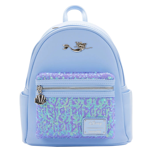 Little Mermaid Ariel Sequin Mini Backpack with a sequin pattern and shell charms on a white background