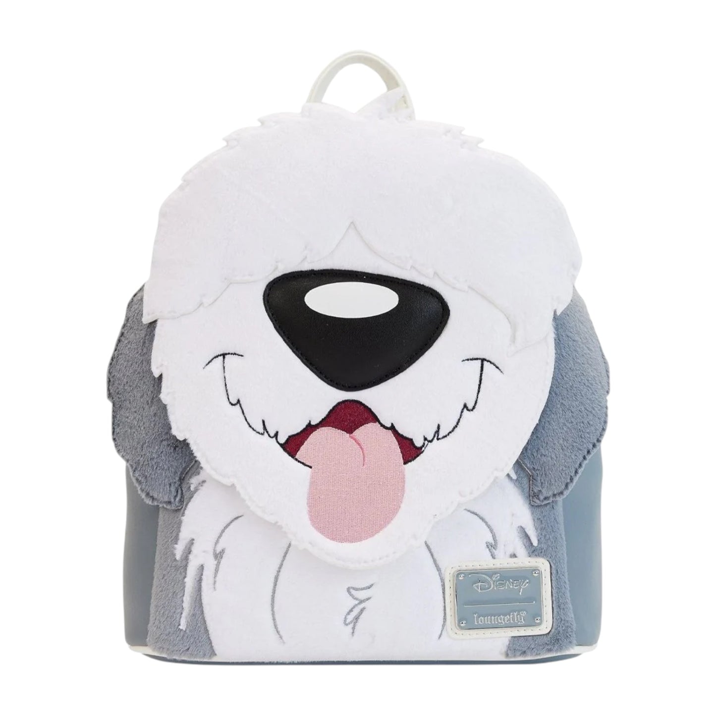 Plush backpack with Little Mermaid Max dog face design on a white background