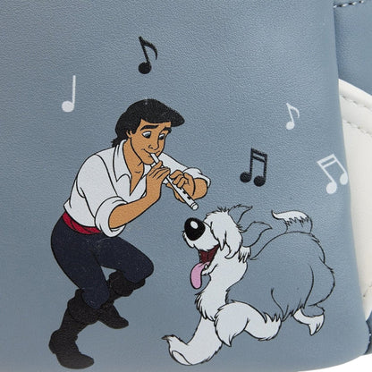Animated Little Mermaid Eric and Max characters playing a flute with a dog on a blue background