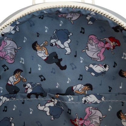 Patterned fabric with animated Little Mermaid Max and Eric characters and musical notes on a blue background