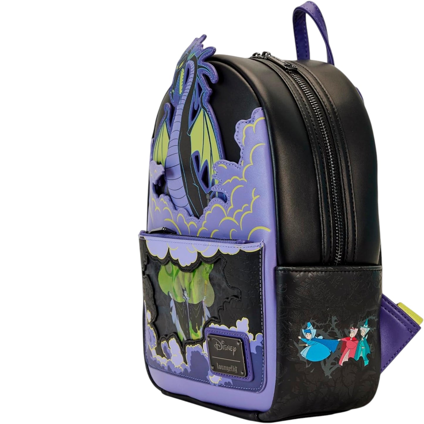 Maleficent Dragon Backpack with dragon design and Disney sleeping beauty characters on a white background
