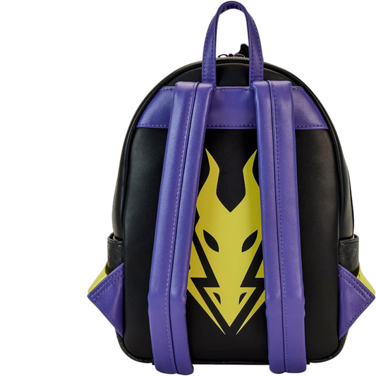 Back of Loungefly Disney Maleficent Dragon Lenticular Glow in The Dark Mini Backpack with a yellow and black emblem on a white background