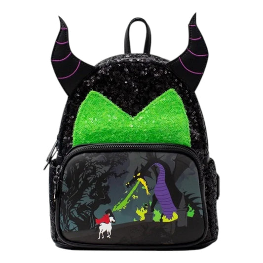 Maleficent Sequin Dragon Backpack with green bow and black sequin design featuring a character and dragon.