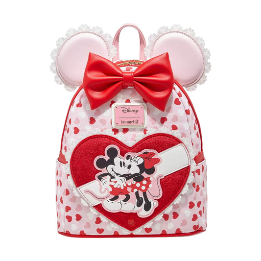 Mickey & Minnie Valentine's Day Ears Chocolate Scented Mini Backpack with Minnie and Mickey Mouse design, red bow, and heart pattern on a white background