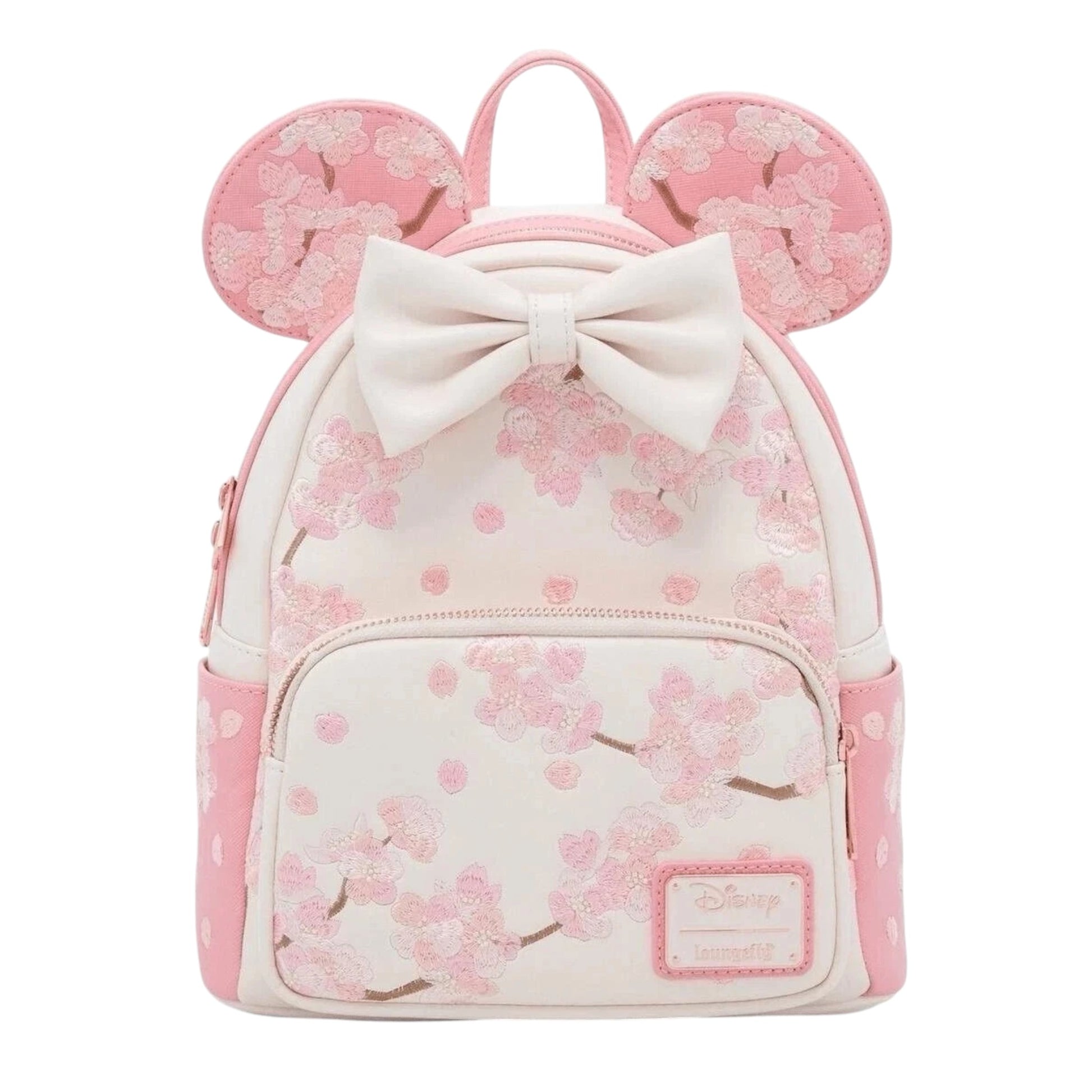 Minnie Mouse Cherry Blossom Ears Backpack with cherry blossom pattern and bow on a white background