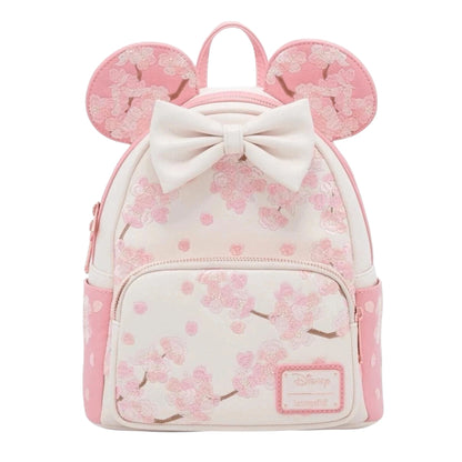 Minnie Mouse Cherry Blossom Ears Backpack with cherry blossom pattern and bow on a white background