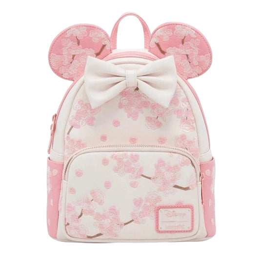 Minnie Mouse Cherry Blossom Ears Backpack with cherry blossom pattern and bow on a white background