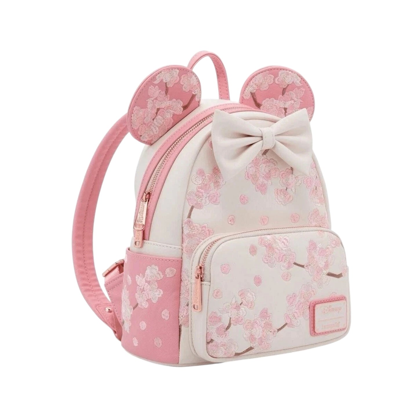Pink and white Minnie Mouse Cherry Blossom Ears backpack with floral pattern and bow on a white background