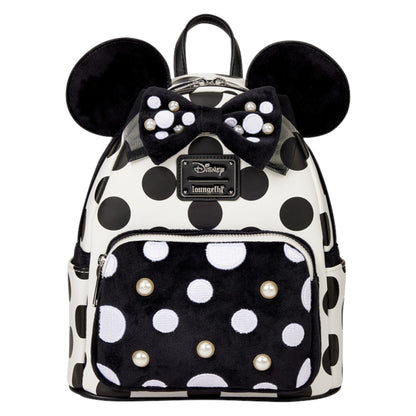 Minnie Mouse Exclusive Polka Dot Pearl  backpack with ears and bow, featuring a Disney Loungefly label.
