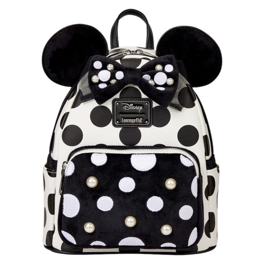Minnie Mouse Exclusive Polka Dot Pearl  backpack with ears and bow, featuring a Disney Loungefly label.