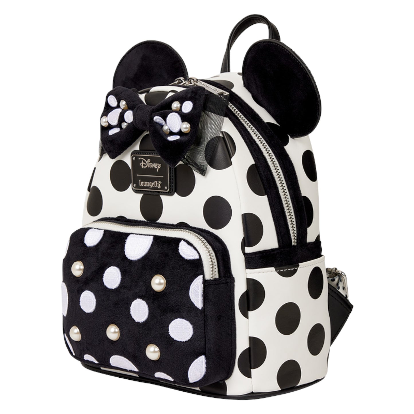 Minnie Mouse Exclusive Polka Dot Pearl backpack with bow and ears on a white background