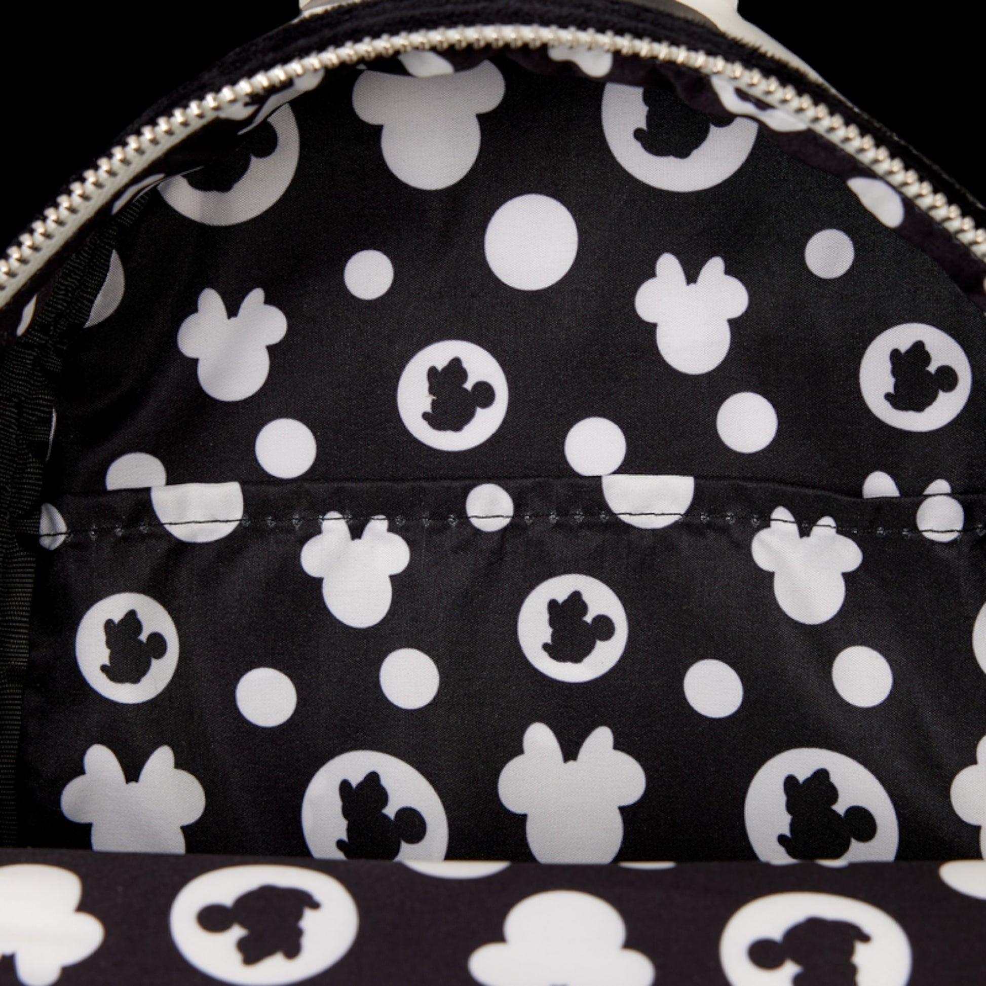 Black and white backpack with black and white Minnie Mouse head pattern