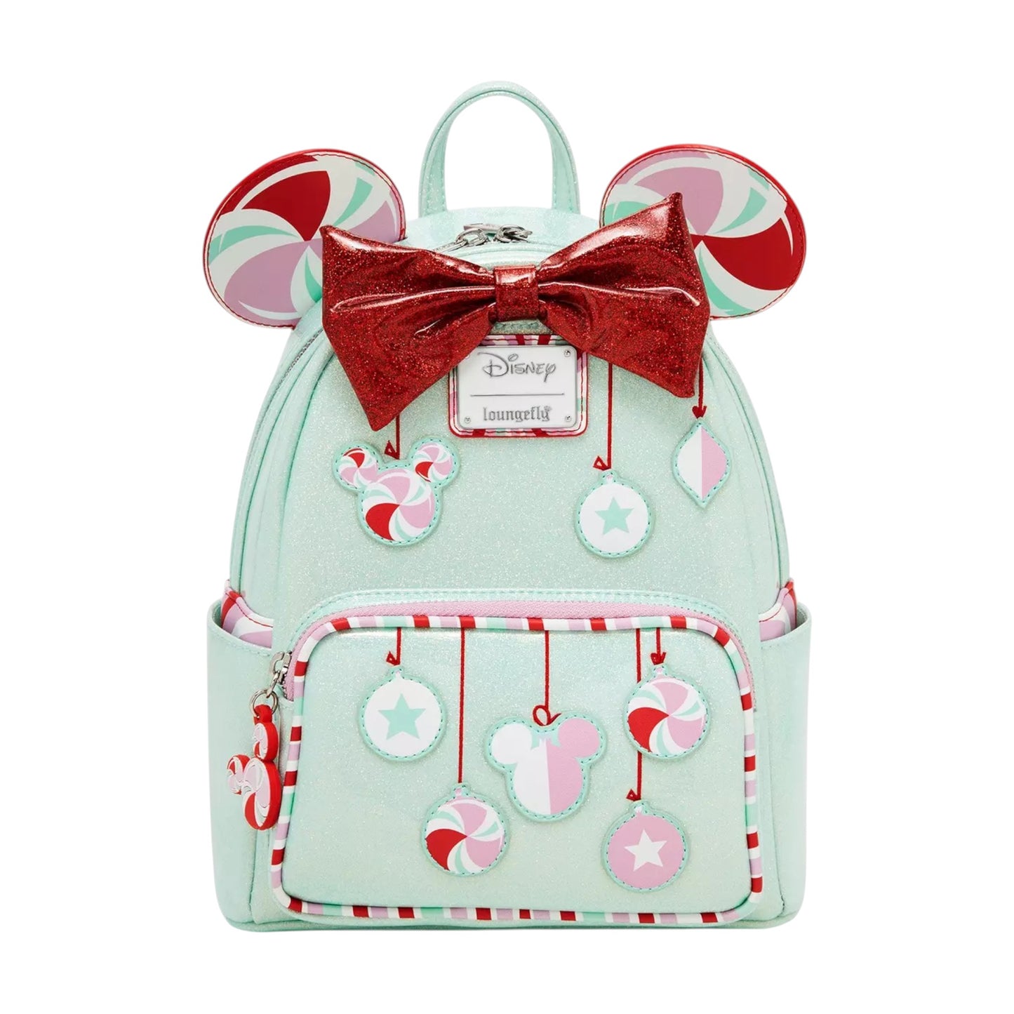 Minnie Mouse Peppermint Ornament Ears Backpack with Minnie Mouse ears, bow, and candy cane design on a white background