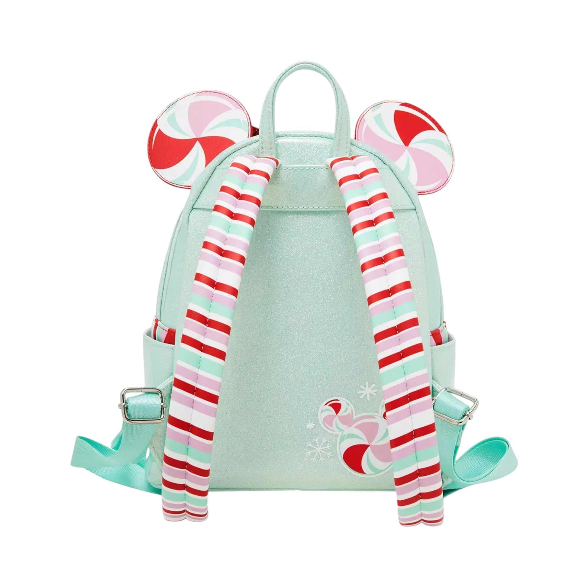Minnie Mouse Peppermint Ornament Ears backpack with candy cane straps and design on a white background