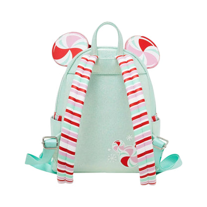 Minnie Mouse Peppermint Ornament Ears backpack with candy cane straps and design on a white background