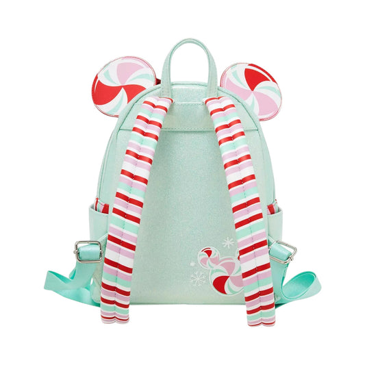 Minnie Mouse Peppermint Ornament Ears backpack with candy cane straps and design on a white background