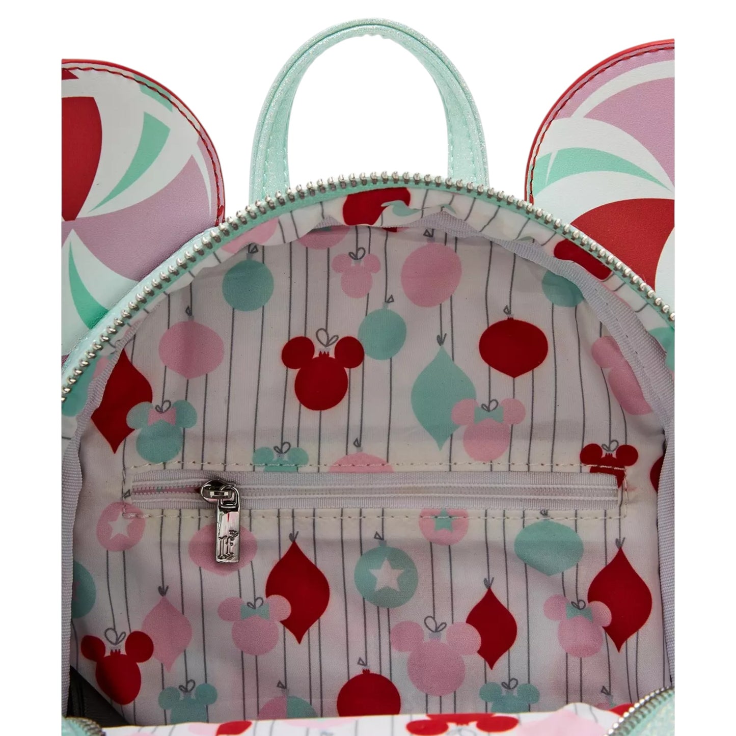 Backpack with colorful patterned minnie mouse head design on a white background