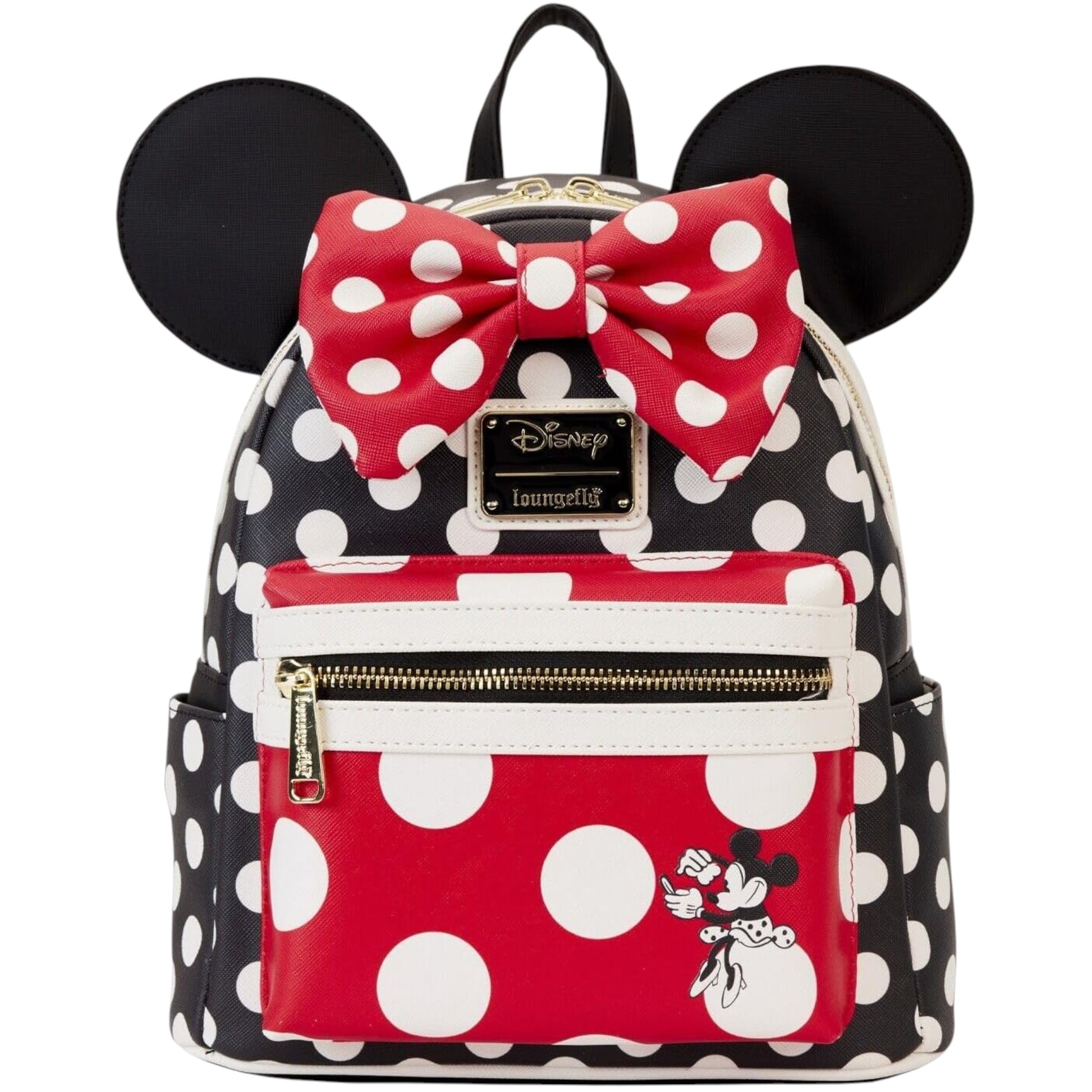 Minnie Mouse Rocks the Dots Polka dot backpack with Minnie Mouse ears and bow on a white background