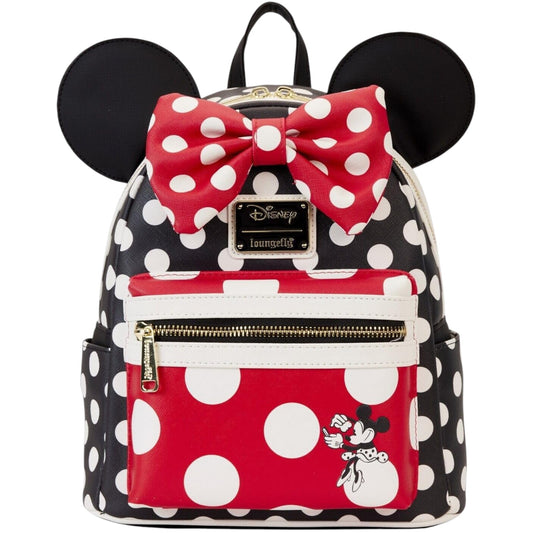 Minnie Mouse Rocks the Dots Polka dot backpack with Minnie Mouse ears and bow on a white background