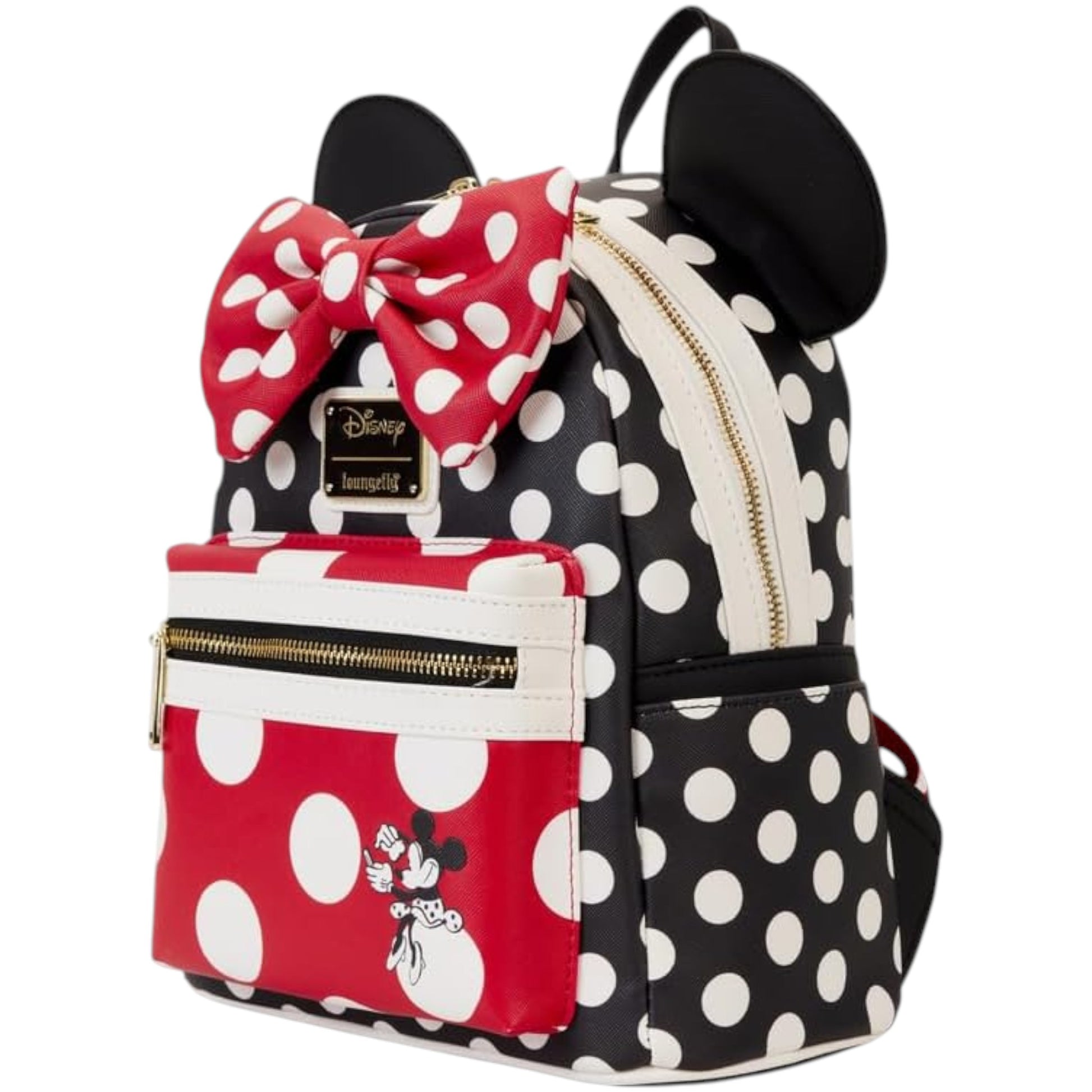 Minnie Mouse Rocks the Dots Polka dot backpack with a red bow and black ears on a white background