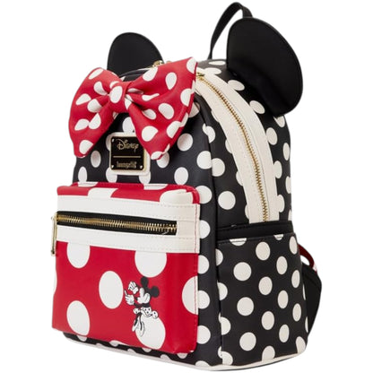 Minnie Mouse Rocks the Dots Polka dot backpack with a red bow and black ears on a white background