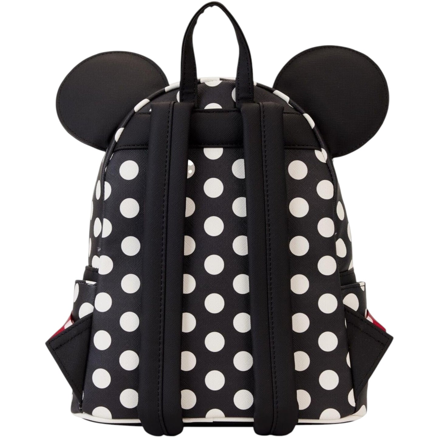 Black and white polka dot backpack with Minnie Mouse ears on a white background