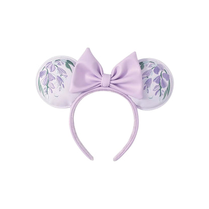 Lavender Minnie Mouse Wisteria Ears with floral design and bow on a white background