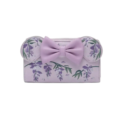 Purple Minnie Mouse Wisteria Ears Floral Scented wallet with floral design and bow on a white background