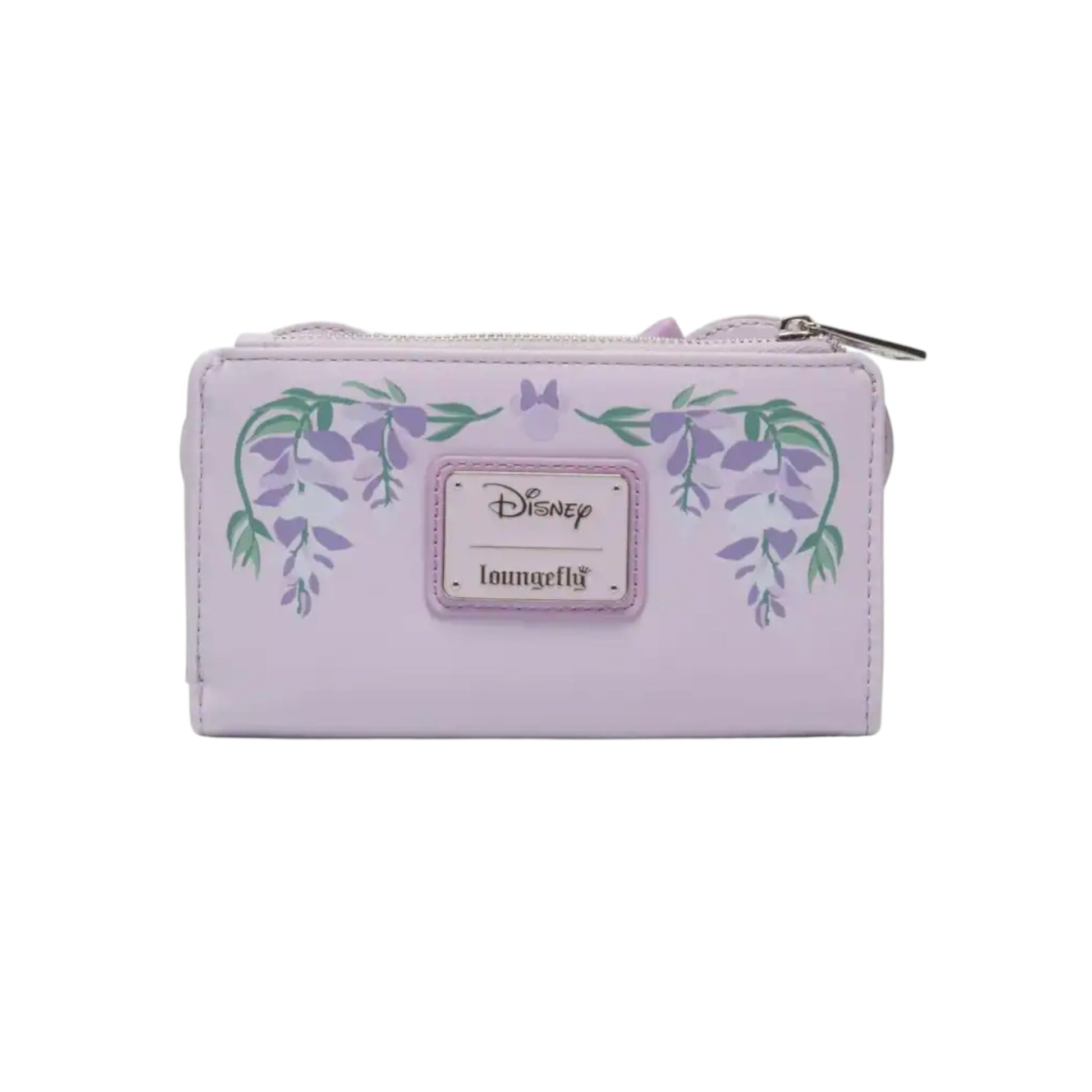 Purple Minnie Mouse Wisteria Ears Floral Scented wallet with floral designs and Disney logo on a white background