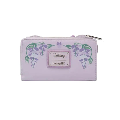 Purple Minnie Mouse Wisteria Ears Floral Scented wallet with floral designs and Disney logo on a white background