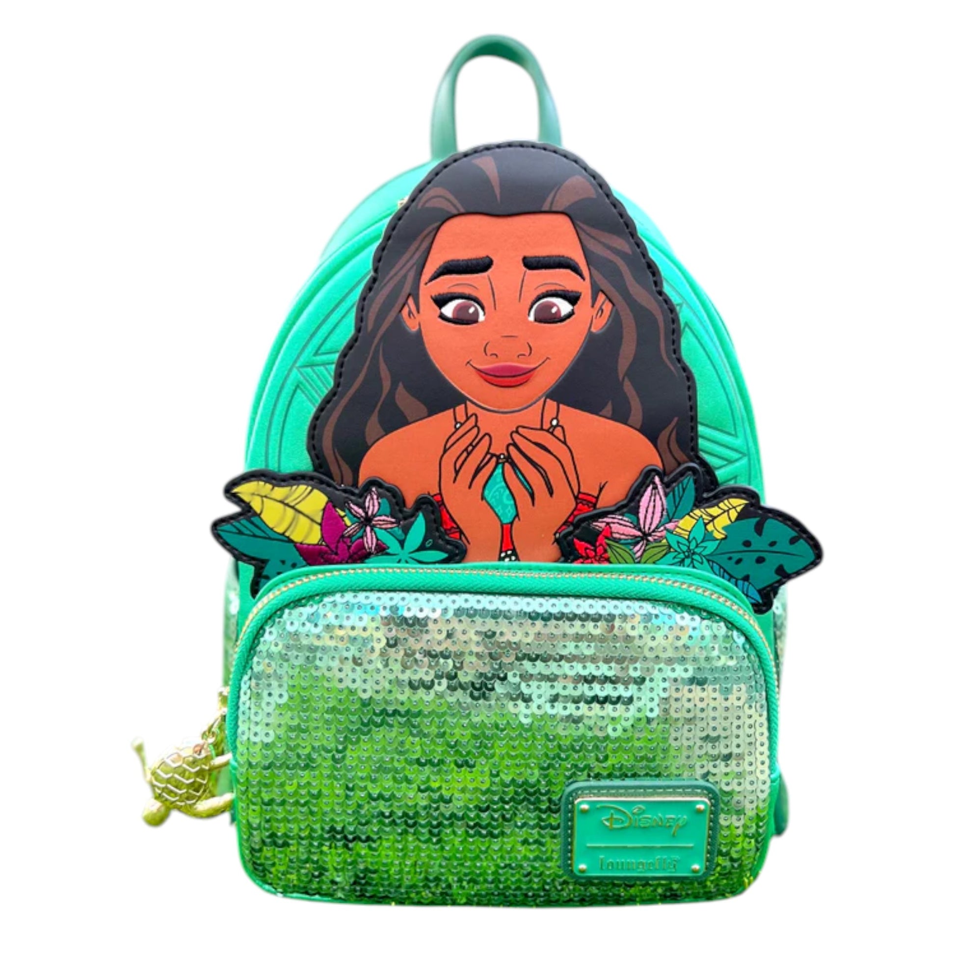 Green Loungefly Disney Moana Heart of Te Fiti Sequin Glow Mini Backpack with Moana Character design surrounded by flowers on a white background