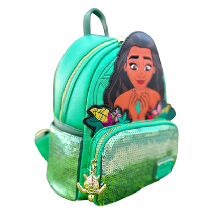 Green Loungefly Disney Moana Heart of Te Fiti Sequin Glow Mini Backpack with Moana Character design surrounded by flowers on a white background