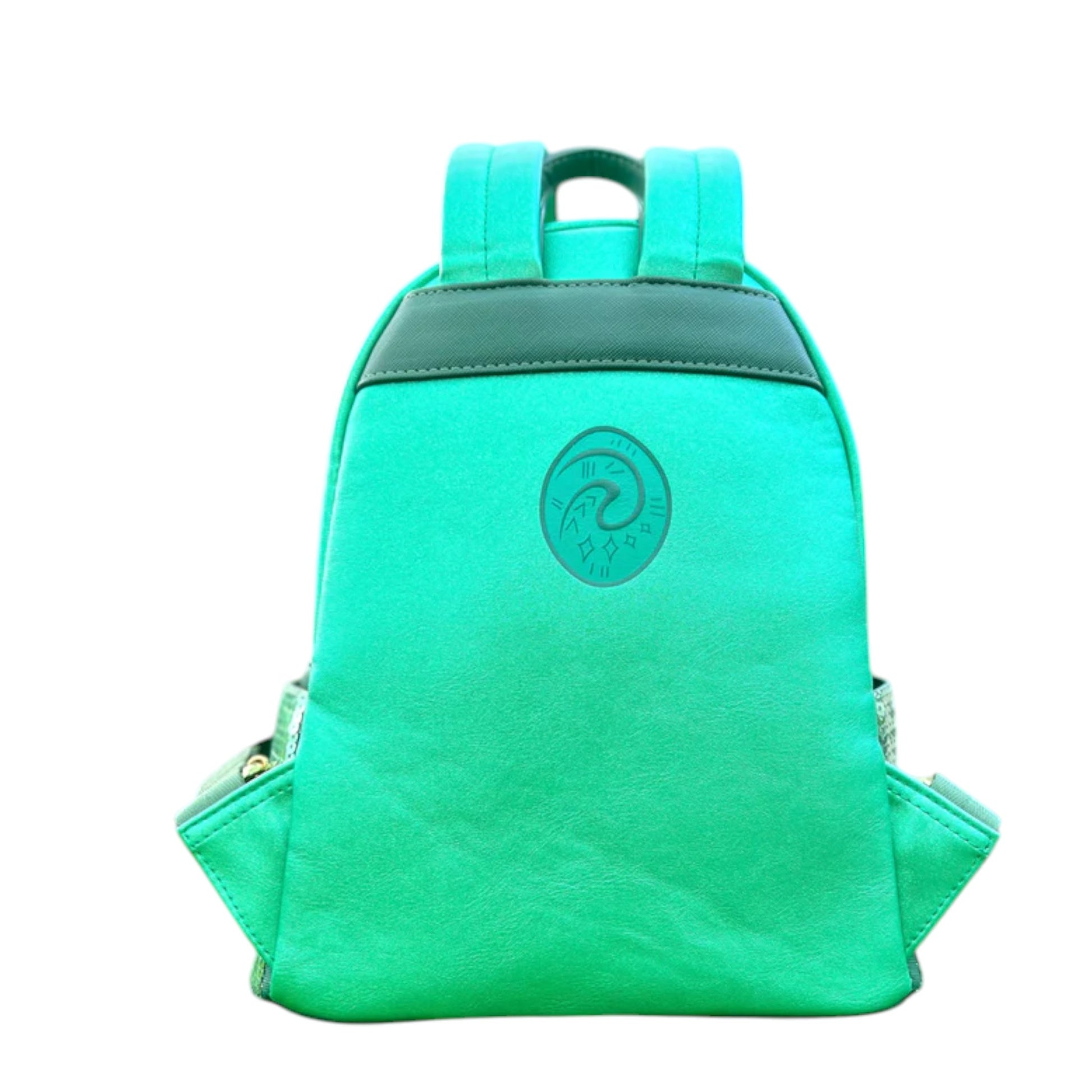 Back of Green Loungefly Disney Moana Heart of Te Fiti Sequin Glow Mini Backpack with a swirl pattern on a white background