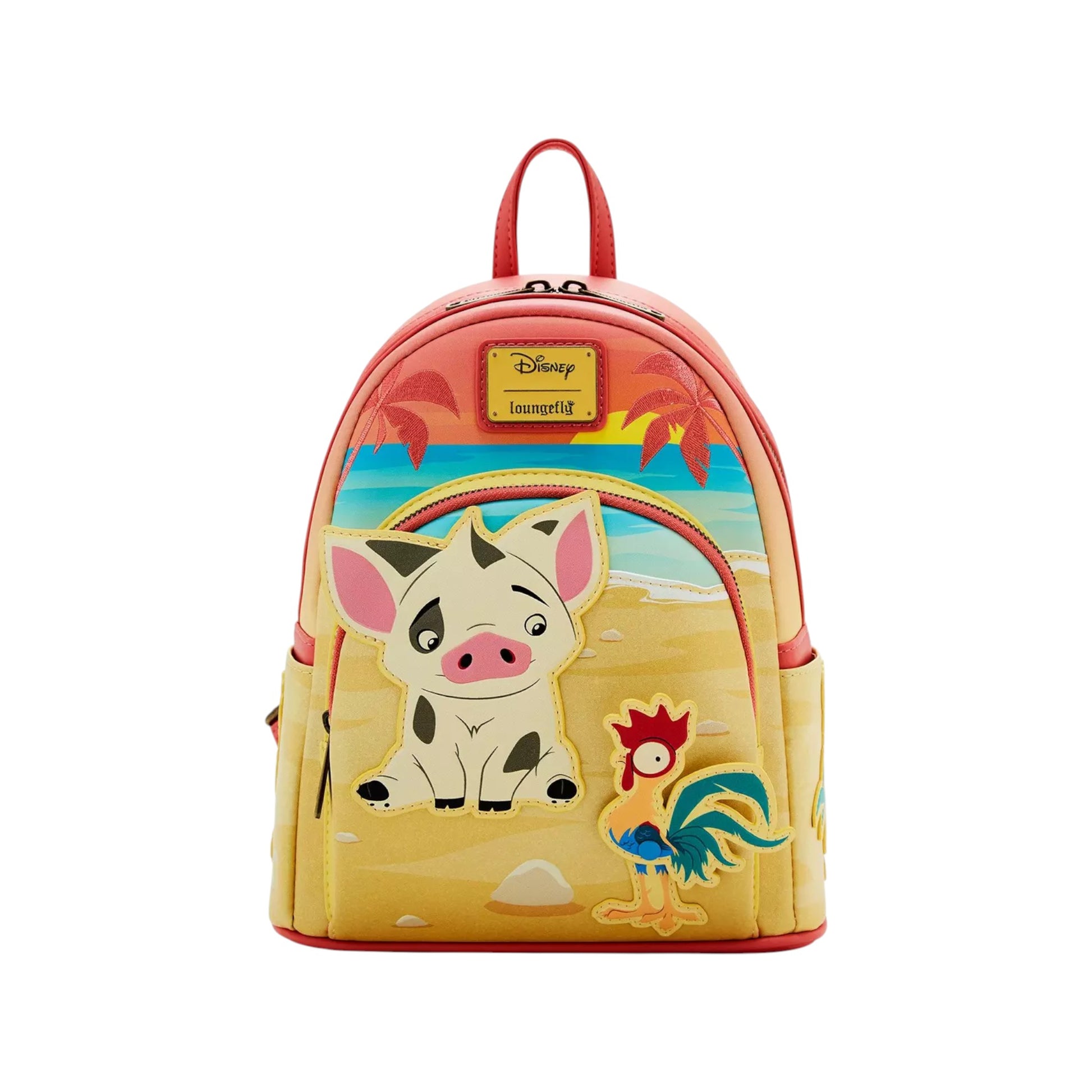 Loungefly Disney Moana Pua & Hei Hei Sunset Mini Backpack with Pua & Hei Hei character design on a white background