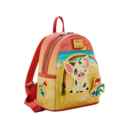 Loungefly Disney Moana Pua & Hei Hei Sunset Mini Backpack with Pua & Hei Hei character design on a white background