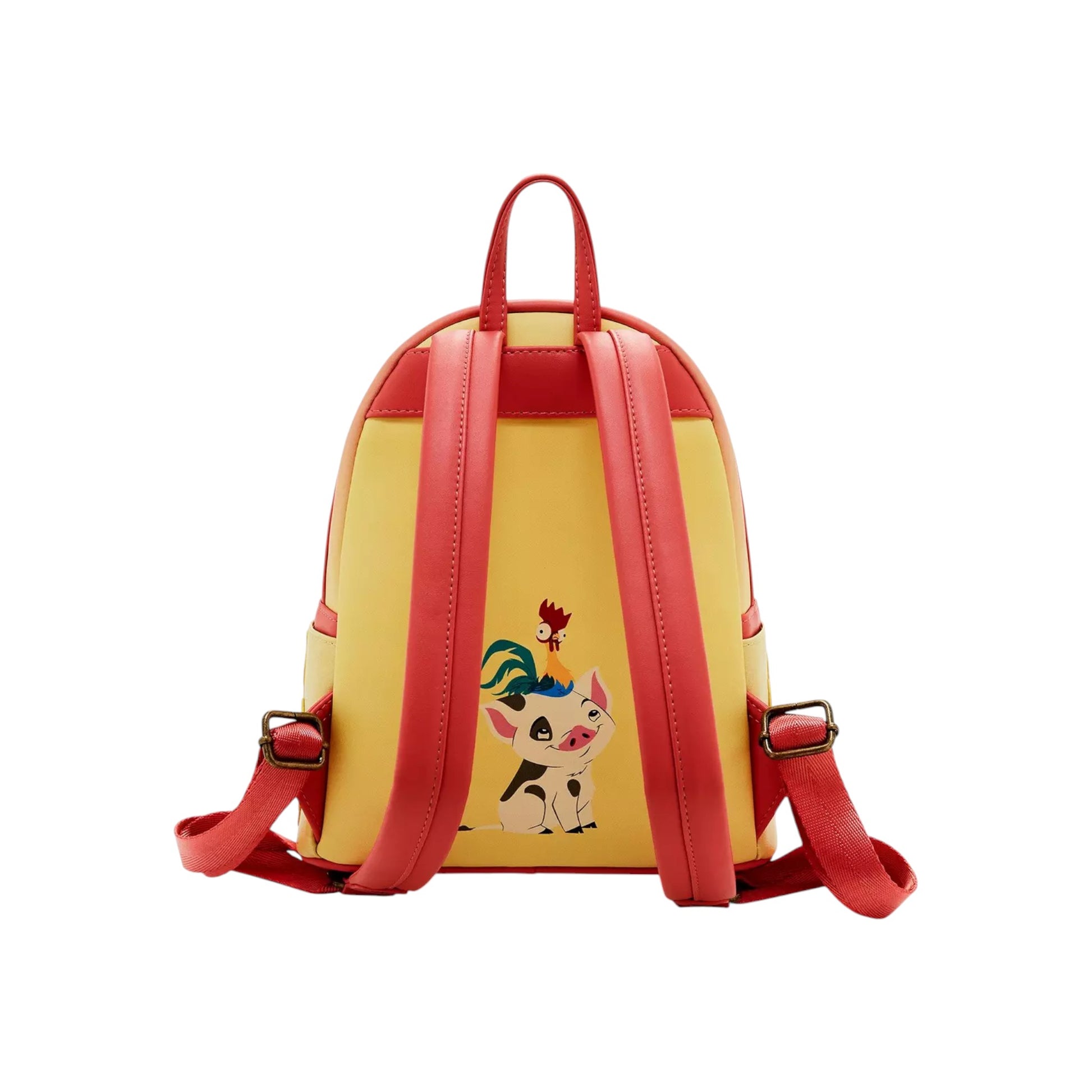 Back of Loungefly Disney Moana Pua & Hei Hei Sunset Mini Backpack with Pua & Hei Hei character design with red straps featuring on a white background