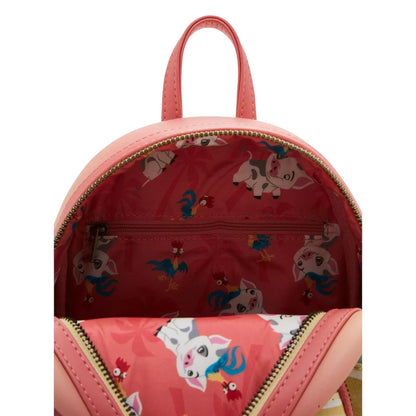 Inside of Loungefly Disney Moana Pua & Hei Hei Sunset Mini Backpack with Pua & Hei Hei character design patterns on a pink background 