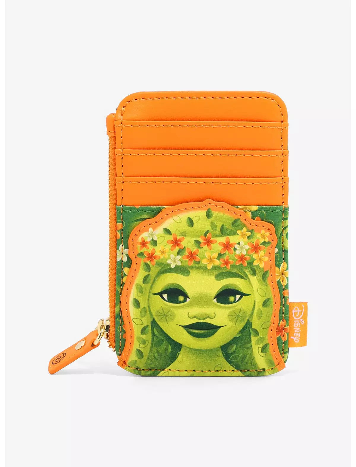 Front of Loungefly Disney Moana Te Fiti cardholder with a green Te Fitit face design and orange accents on a white background