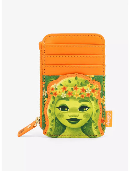 Front of Loungefly Disney Moana Te Fiti cardholder with a green Te Fitit face design and orange accents on a white background