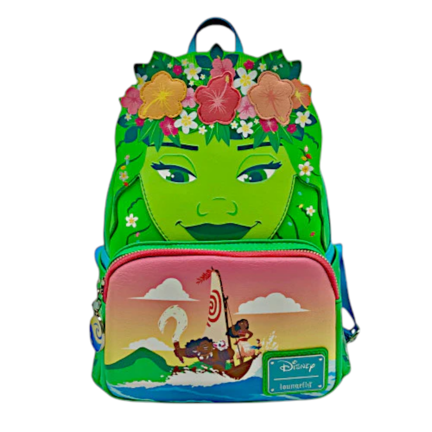 Loungefly Disney Moana Te Fiti Cosplay Mini Backpack with Te Fiti face and Moana, Maui, Hei Hei and Pua riding on a raft with a white flag with a red symbol on a white background