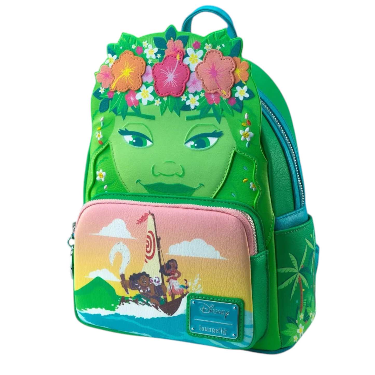 Loungefly Disney Moana Te Fiti Cosplay Mini Backpack with Te Fiti face and Moana, Maui, Hei Hei and Pua riding on a raft with a white flag with a red symbol on a white background